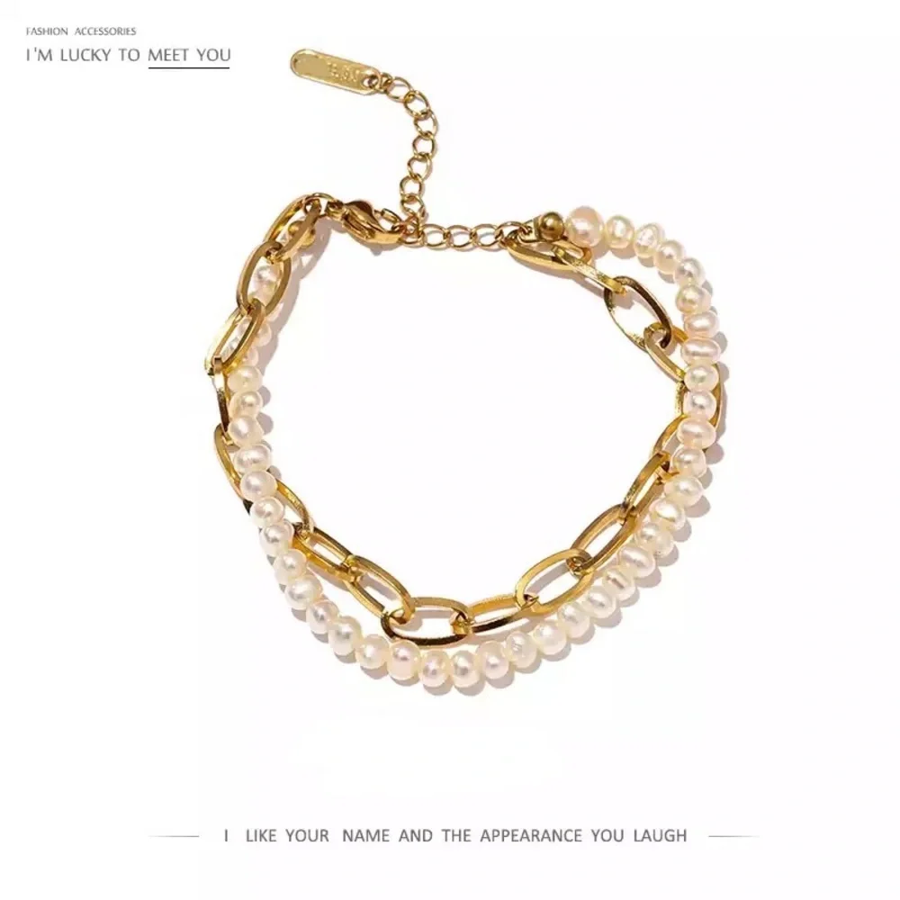 2in1 Zara Gold Genuine White Pearl Line 2-Linked Chained Bracelets